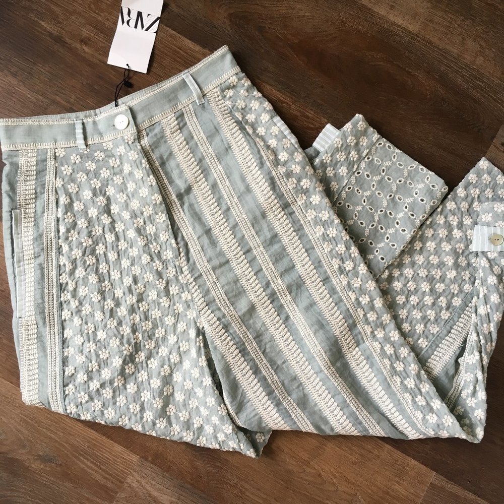 NWOT Zara Embroidered Pants Eyelet Patchwork Blue Seafoam Floral Gauze HiRise XS